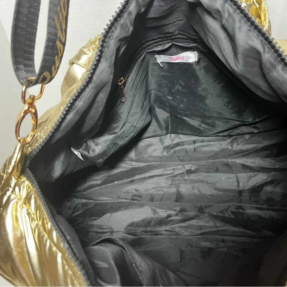 Justice Gold, metallic duffel bag